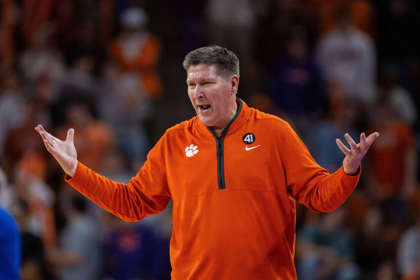 Clemson head coach Brad Brownell reacts to a call against SMU on Wednesday, Jan. 7, 2026, in Clemson.