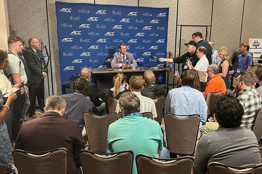Clemson coach Dabo Swinney speaks at a news conference during the ACC Kickoff football media day on Thursday, July 16, 2026, in Charlotte.