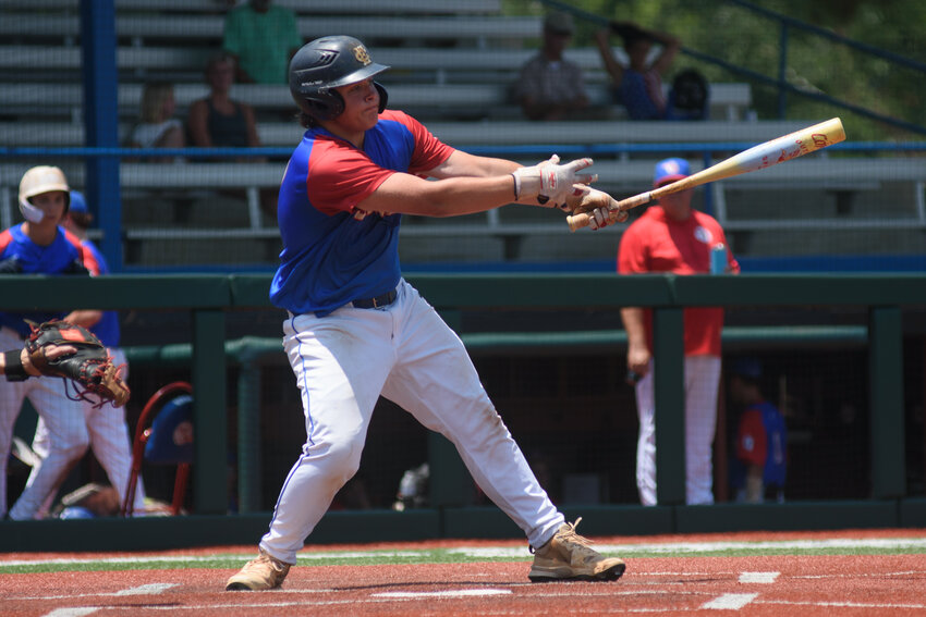 Sumter's Koy Wright puts the ball in play against Fort Mill during the South Carolina American Legion AAA state tournament on Friday.