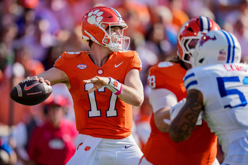 Clemson quarterback Christopher Vizzina (17) passes against SMU on Saturday, Oct. 18, 2025, in Clemson.