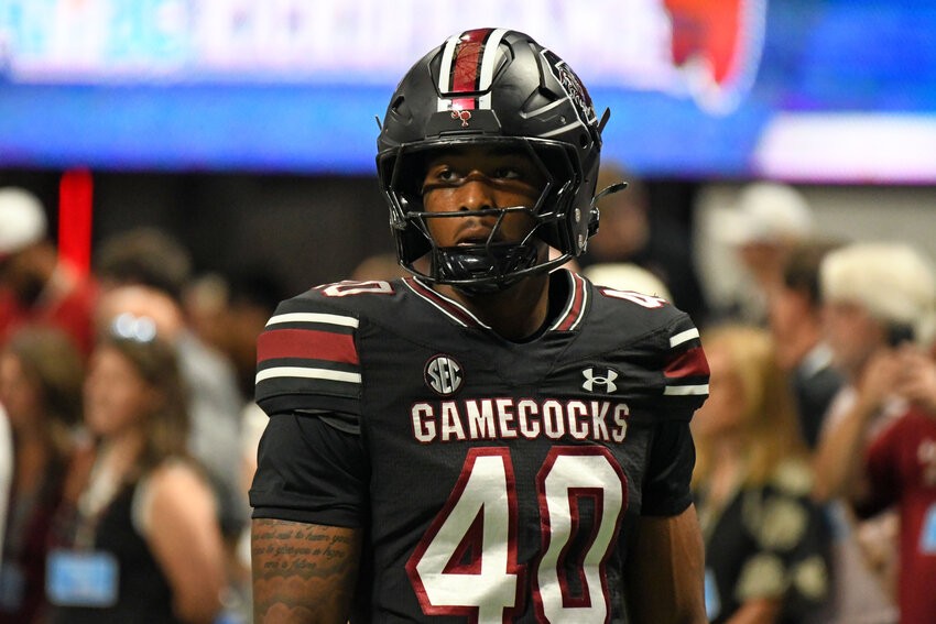 Former Sumter High standout and current South Carolina defensive lineman Anthony Addison, seen during the Gamecocks' 2025 season opener in Atlanta, recorded his first career sack against Kent State on Saturday.