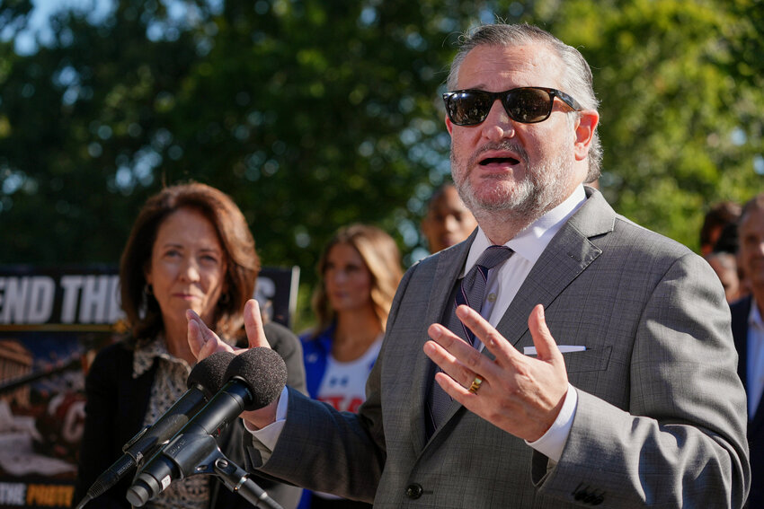 Sen. Ted Cruz, R-Texas, right, speaks as Sen. Maria Cantwell, D-Wash., left, listens during a news conference on Capitol Hill on Monday, Sept. 14, 2026, in Washington.