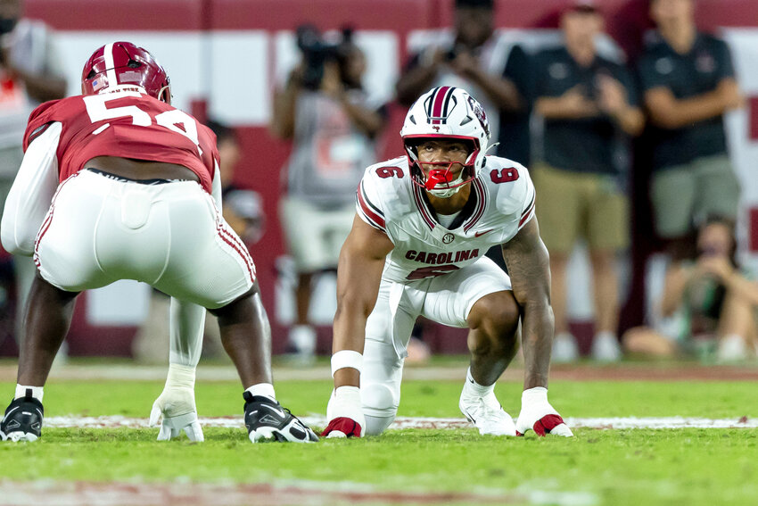 ASSOCIATED PRESS  South Carolina defensive end Dylan Stewart (6) lines up against Alabama on Sept. 26, in Tuscaloosa, Alabama.