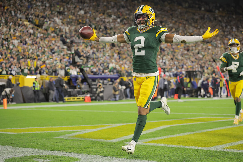 ASSOCIATED PRESS  Former Lakewood star and current Green Bay Packers cornerback Brandon Cisse (2) celebrates after an interception against the Dallas Cowboys in Green Bay, Wisconsin, on Sunday, Oct. 18.