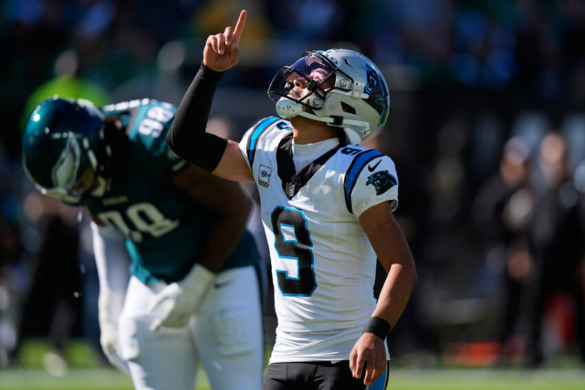 ASSOCIATED PRESS  Carolina Panthers quarterback Bryce Young celebrates after throwing a touchdown against the Philadelphia Eagles in Philadelphia on Sunday, Oct. 18, 2026.