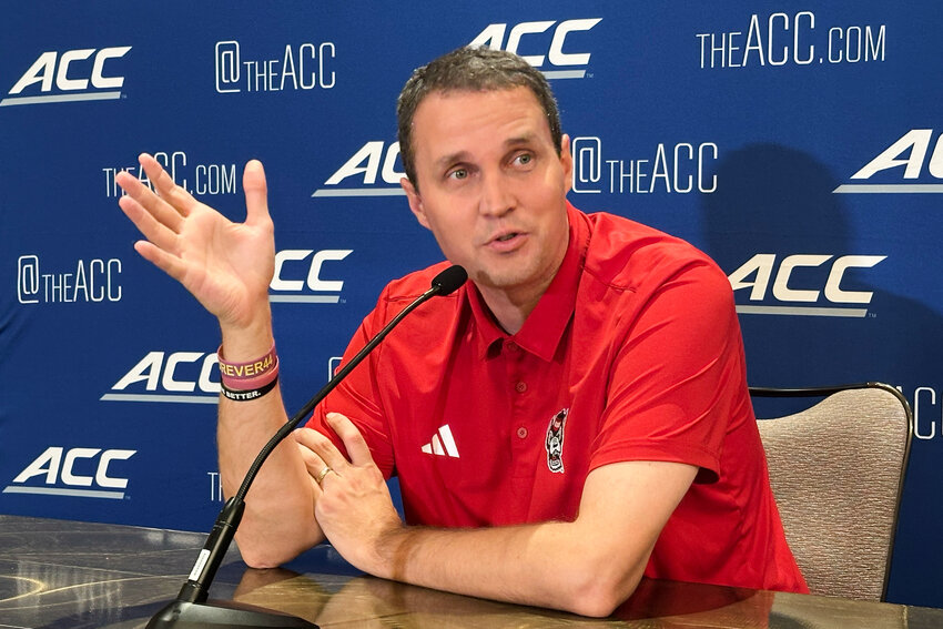 North Carolina State coach Will Wade speaks at the ACC college basketball media days on Wednesday, Oct. 8 2025, in Charlotte.