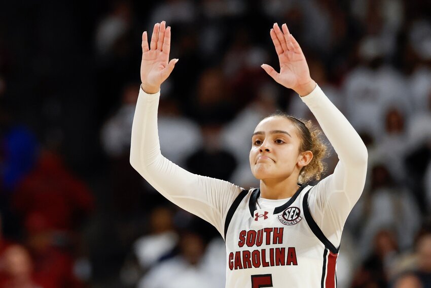 South Carolina guard Tessa Johnson celebrates in the closing seconds of the Gamecocks' win over Texas in Columbia on Thursday, Jan. 15, 2026.