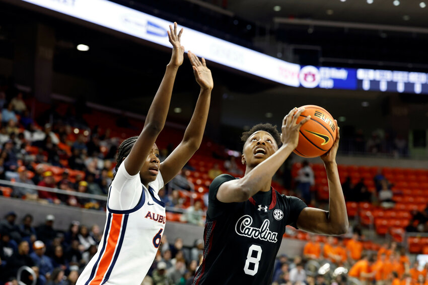 South Carolina forward Joyce Edwards (8) looks to shoot around Auburn forward Khady Leye (6) on Thursday, Jan. 29, 2026, in Auburn, Alabama.
