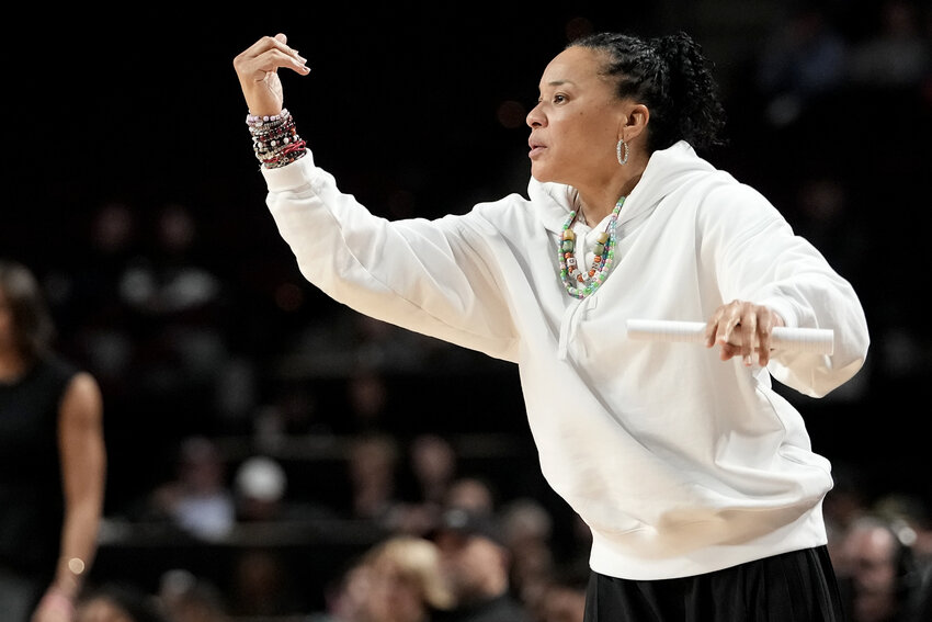 South Carolina head coach Dawn Staley calls a play against Texas A&amp;M on Monday, Feb. 2, 2026, in College Station, Texas.