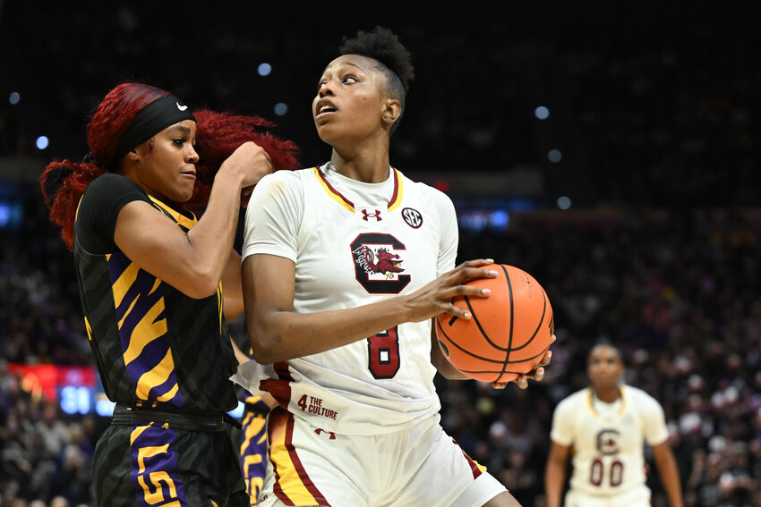 South Carolina forward Joyce Edwards (8) looks to shoot against LSU guard ZaKiyah Johnson (11) in Baton Rouge on Saturday, Feb. 14, 2026.