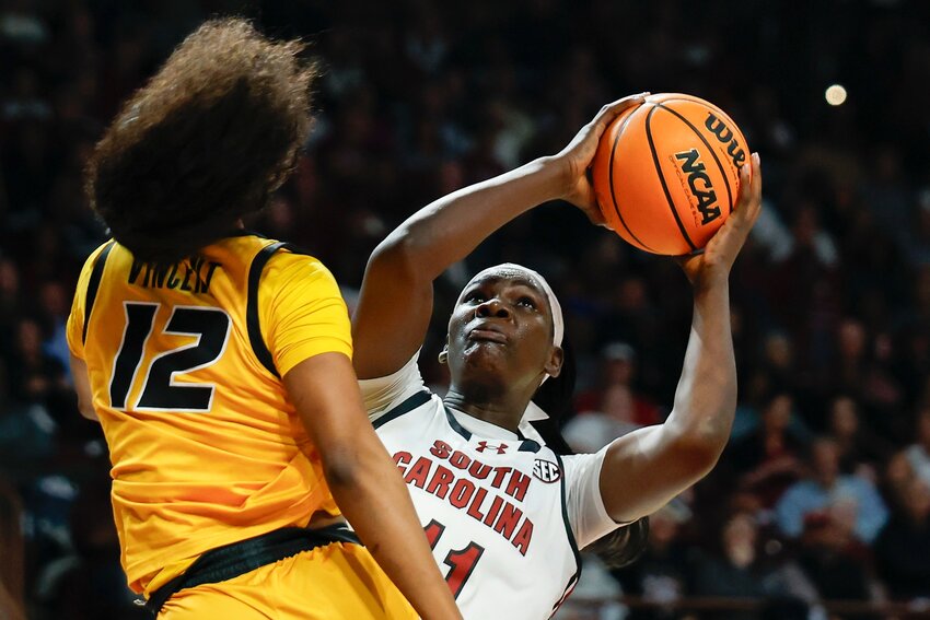 South Carolina center Madina Okot, right, looks to shoot against Missouri guard Ma'riya Vincent on Thursday, Feb. 26, 2026, in Columbia.