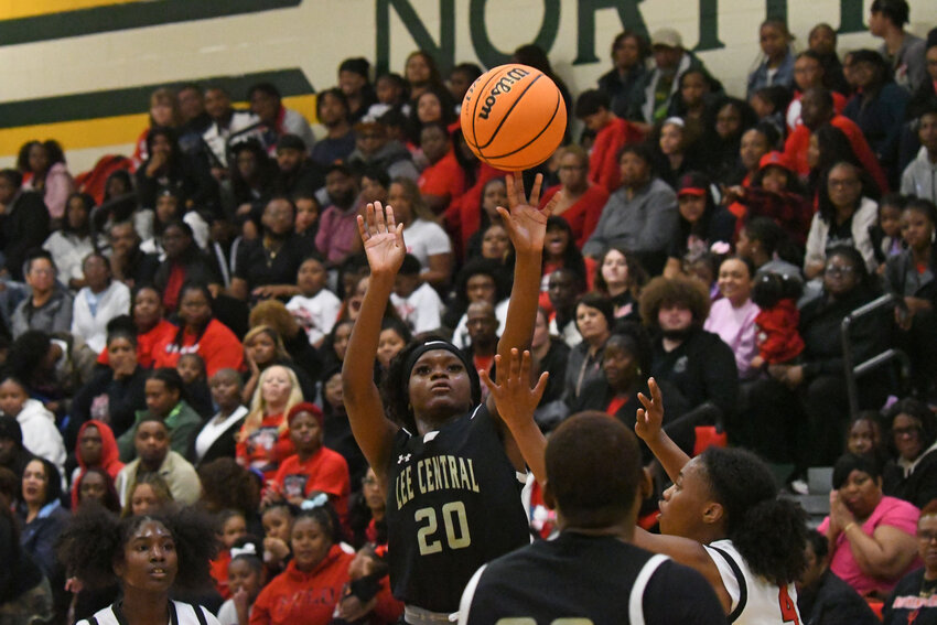 Lee Central's Serenity Williams (20) shoots against Great Falls in the SCHSL 1A upper state championship game on Friday.