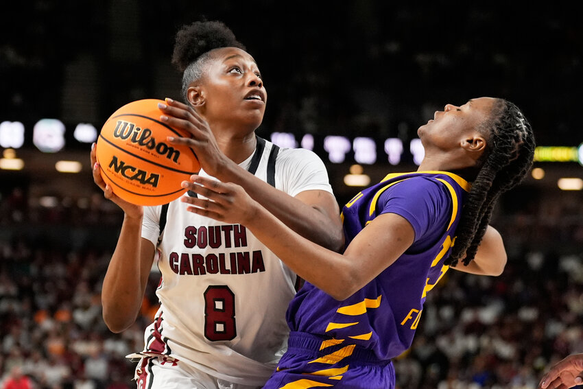 South Carolina forward Joyce Edwards shoots over LSU guard Milaysia Fulwiley during the semifinals of the Southeastern Conference tournament on Saturday, March 7, 2026, in Greenville. The Gamecocks open the NCAA Tournament at home on Saturday against Southern.