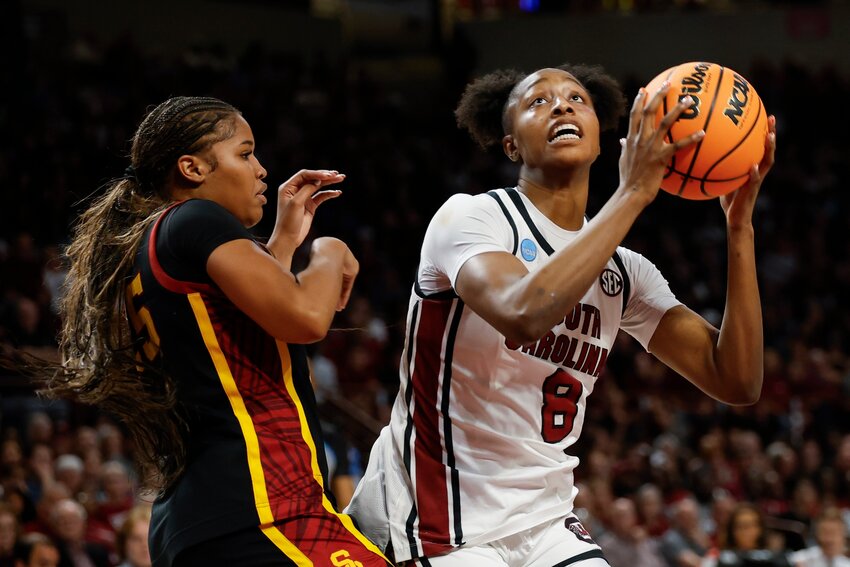 South Carolina forward Joyce Edwards (8) looks to shoot against Southern California guard Kara Dunn during the second round of the NCAA tournament on Monday, March 23, 2026, in Columbia.