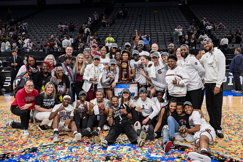 South Carolina poses for a photo after defeating TCU in the Elite Eight of the NCAA tournament on Monday, March 30, 2026, in Sacramento, California.