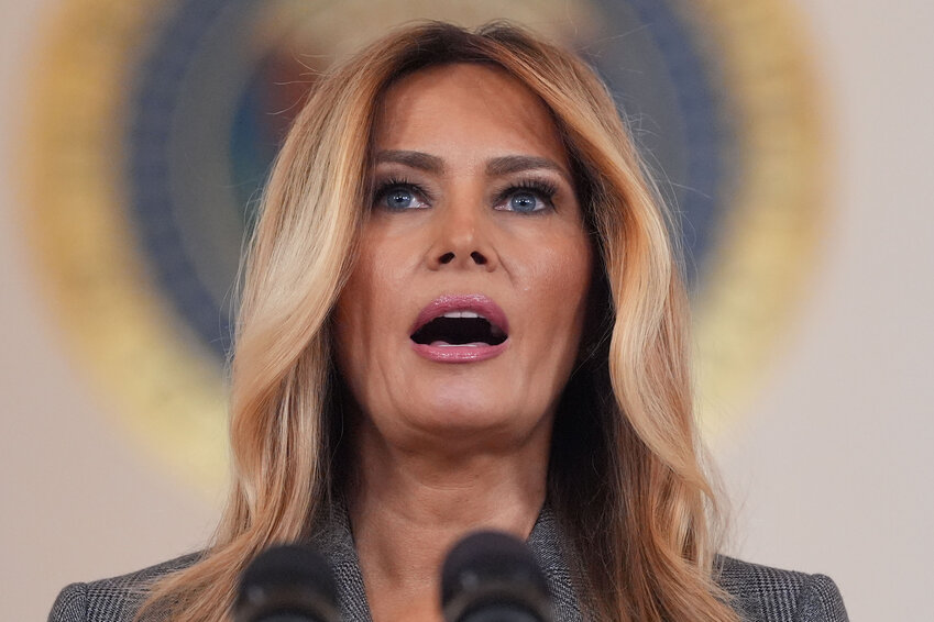 First lady Melania Trump speaks to reporters Thursday, April 9, 2026, in the Grand Foyer of the White House in Washington.
