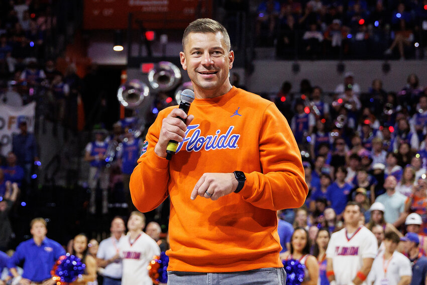 Florida football head coach Jon Sumrall during a Gator basketball game against Auburn on Jan. 24, 2026, in Gainesville, Florida.
