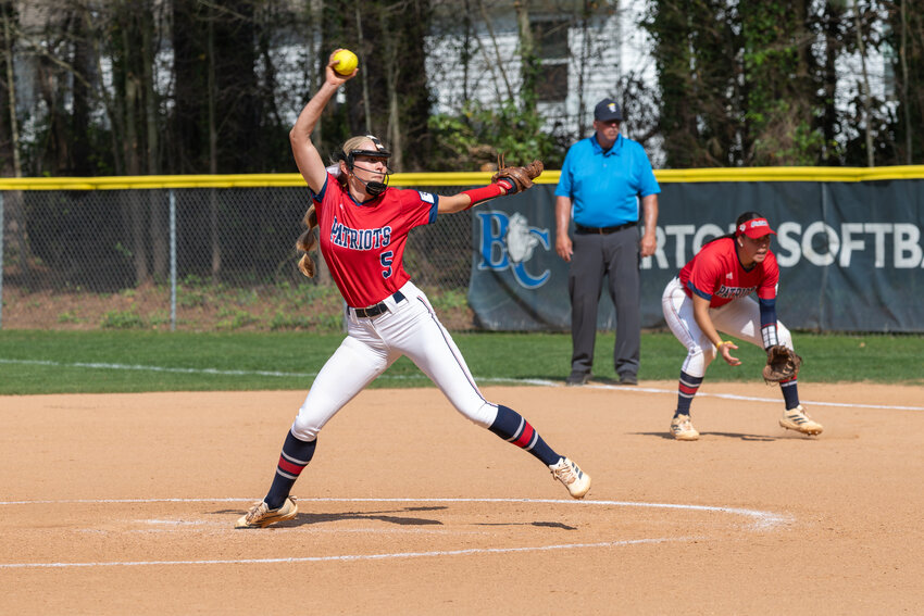 Former Laurence Manning standout and current Francis Marion pitcher Laini Kosinski delivers against Barton College on Friday, March 27.