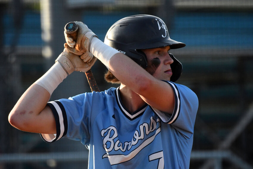 Wilson Hall's Cooper Hill, seen batting against First Baptist on Wednesday, pitched into the sixth innings for the Barons against Pinewood Prep on Thursday.