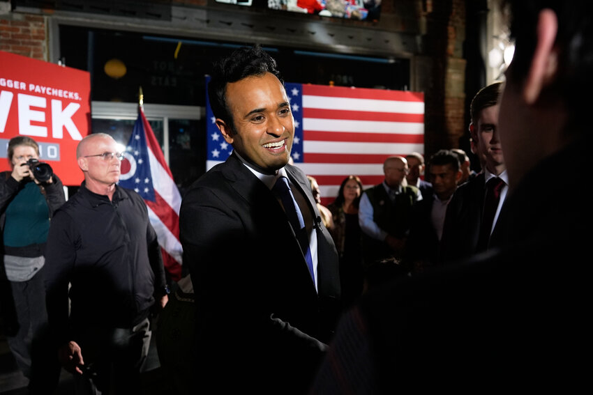 Republican Ohio gubernatorial candidate Vivek greets supporters during a watch party at the Spruce St. Sporting sports bar after winning the party's nomination for governor Tuesday, May 5, 2026, in Columbus.