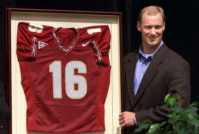 Former Florida State quarterback Chris Weinke, seen during his jersey retirement on April 7, 2001, in Tallahassee, Florida, famously won the 2000 Heisman Trophy at 28 years old.