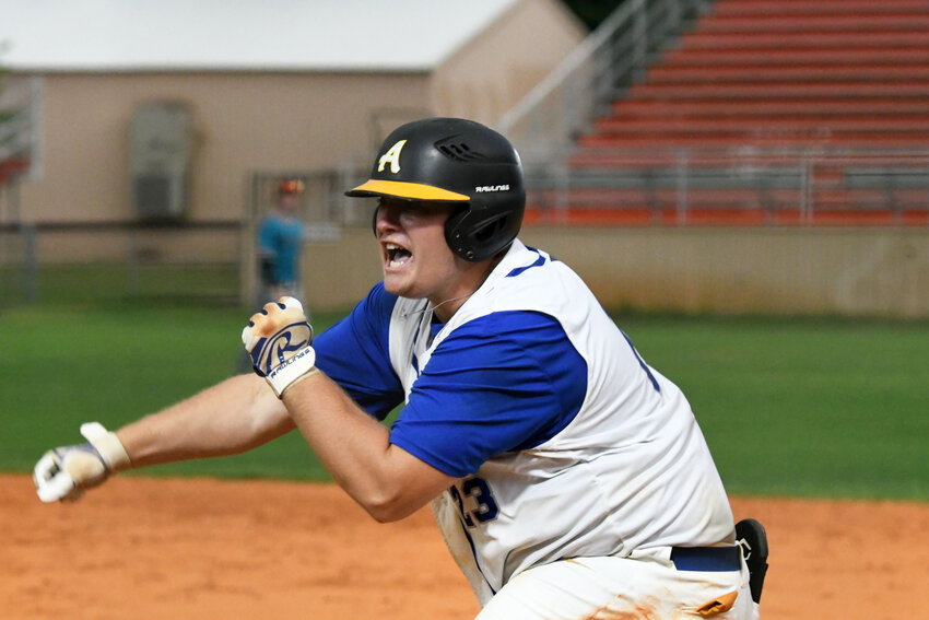 Manning-Santee's Riley Jordan celebrates an RBI single against Horry on Monday, July 6. The game was postponed due to weather and completed on Wednesday, as Post 68 won 4-3.