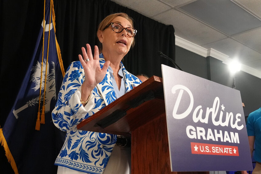 Sen. Darline Graham, R-S.C., speaks with reporters after advancing to a special GOP Senate primary runoff to replace Sen. Lindsey Graham, R-S.C., Tuesday, Aug. 11, 2026, in Columbia, S.C.