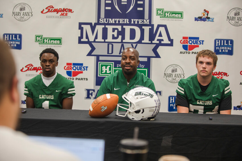Lakewood head coach Jerran Devlin, center, speaks at The Sumter Item Football Media Day, presented by Hines Furniture, alongside Brian Brooks, left, and CJ McLeod on Saturday, Aug. 1.