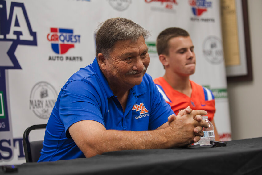 Laurence Manning Academy head coach David Rankin, left, speaks at the Sumter Item Football Media Day, presented by Hines Furniture, alongside senior Asher Sanders on Aug. 1.