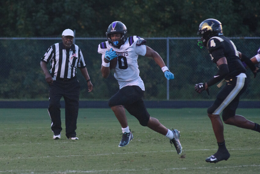 Crestwood's CJ Wofford (0), seen running against Manning on Aug. 24, 2026, ran for 155 yards and two scores in the Knights' win over Loris on Friday.