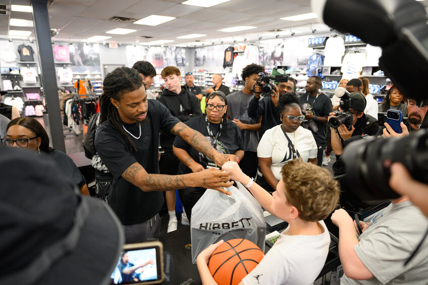 ABIGAIL PITTMAN / THE SUMTER ITEM Sumter native and current Portland Trail Blazers player Ja Morant returns to the Hibbett Sports in Sumter for a branded shoe release and the unveiling of his new JA logo in Sumter, SC on August 29, 2026.