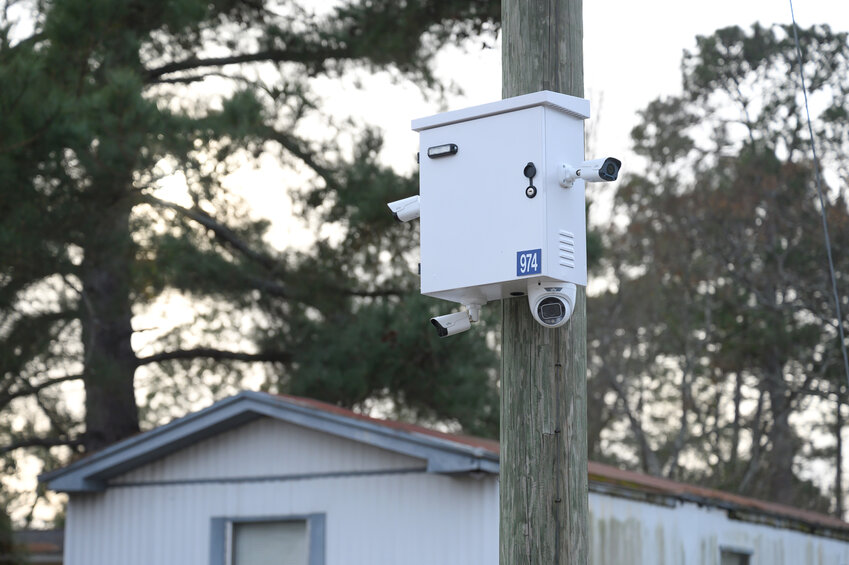 A security camera monitors a roadway in Mayesville as the town talked of expansion of its camera system in an effort to improve public safety and assist law enforcement with investigations.