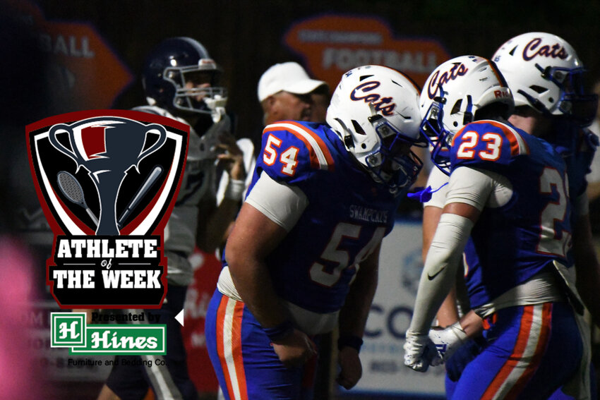 Laurence Manning's Blandyn Miller (54), seen celebrating a sack against East Clarendon, was named Hines Furniture Athlete of the Week for his two-way performance in the 24-6 win.