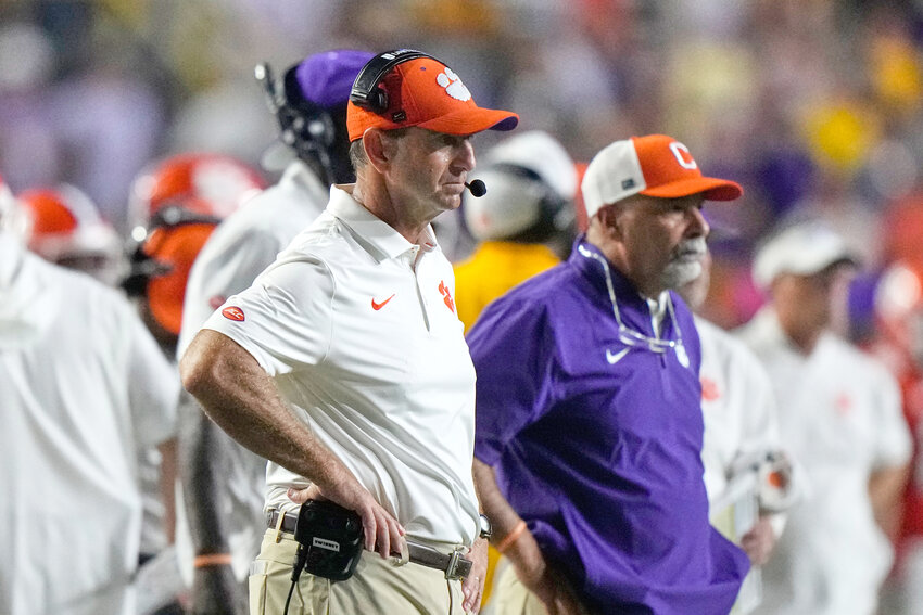 Clemson head coach Dabo Swinney reacts after an LSU touchdown on Saturday, Sept. 5, in Baton Rouge, Louisiana.