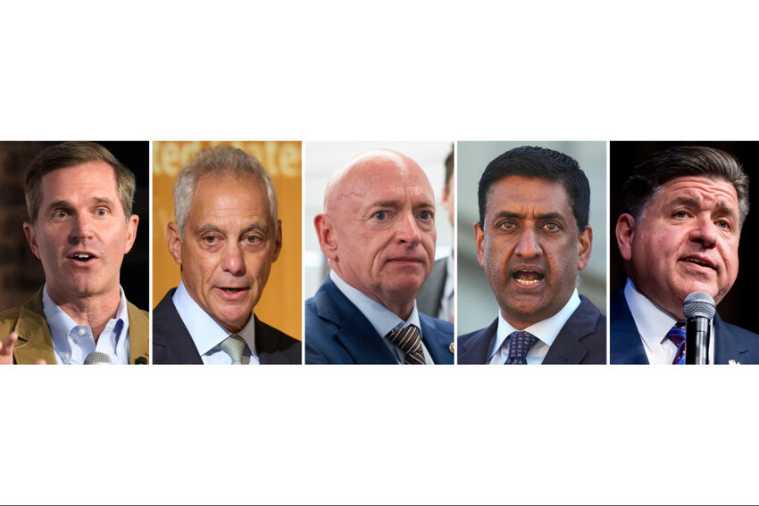 This combination photo shows Kentucky Gov. Andy Beshear, from left, Rahm Emanuel, Sen. Mark Kelly, D-Ariz., Rep. Ro Khanna, D-Calif., and Illinois Gov. J.B. Pritzker.