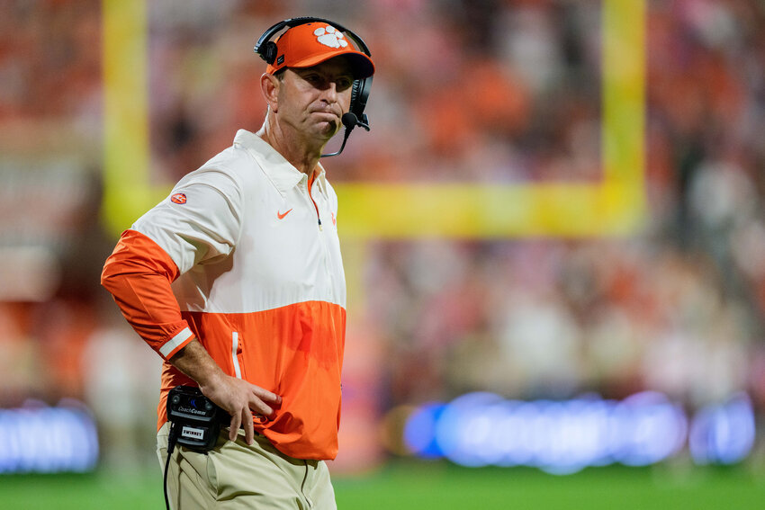 Clemson head coach Dabo Swinney looks on in the first half of the Tigers' matchup against Miami on Saturday, Oct. 3, 2026, in Clemson.
