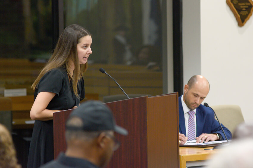 Monica Whalen, staff attorney for South Carolina Environmental Law Project, speaks at Clarendon County Council meeting on Sept. 14. The meeting lasted three hours, with at least an hour devoted to public comments related to the proposed data center moratorium and the previously approved data center project slated for space in an existing building in the Clarendon County Industrial Park.