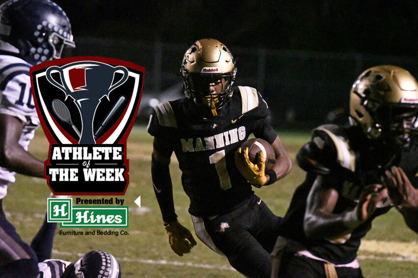 Manning's CJ Robinson, seen scoring the Monarchs' game-winning touchdown against East Clarendon on Friday, Oct. 2, earned Hines Furniture Athlete of the Week for his two-touchdown performance in the homecoming victory over the Wolverines.