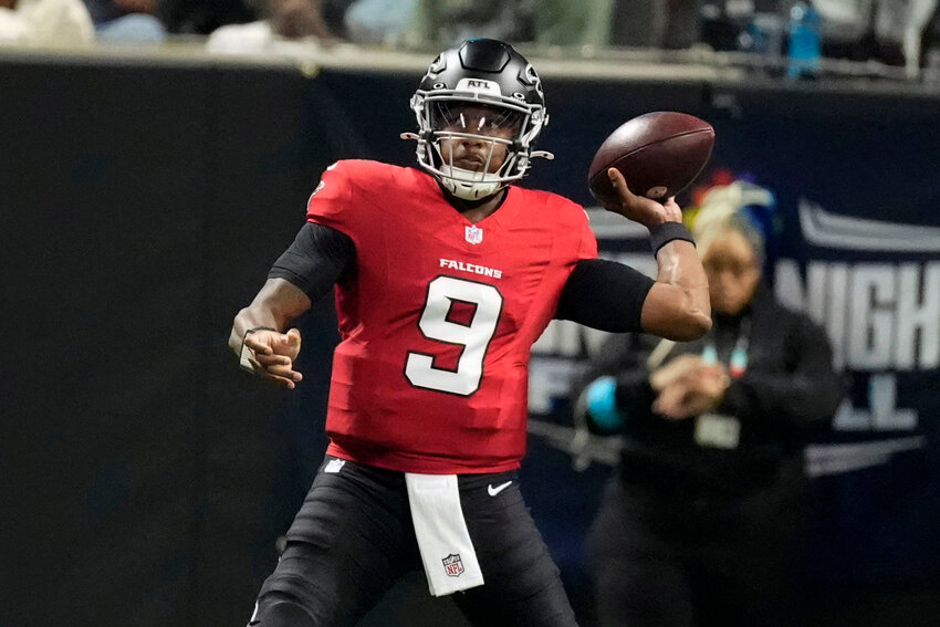 Atlanta Falcons quarterback Michael Penix Jr. throws a pass against the Baltimore Ravens on Sunday, Oct. 11, 2026, in Atlanta.