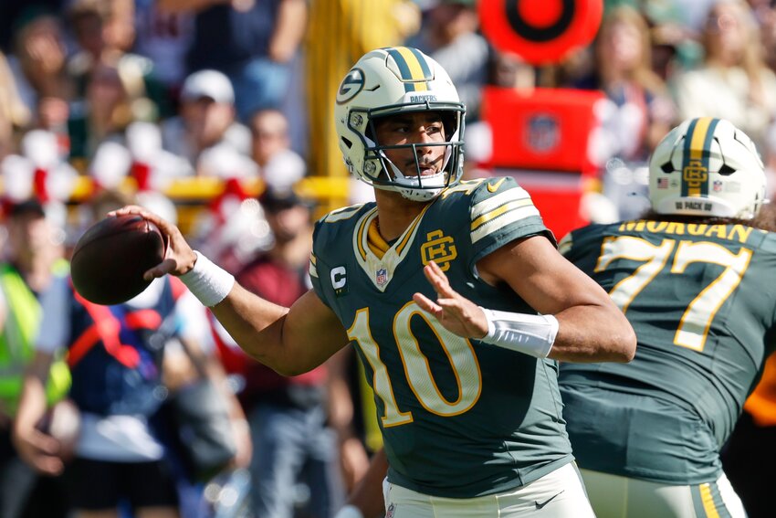 Green Bay Packers quarterback Jordan Love throws against the Chicago Bears in Green Bay, Wisconsin, on Sunday, Oct. 11, 2026.