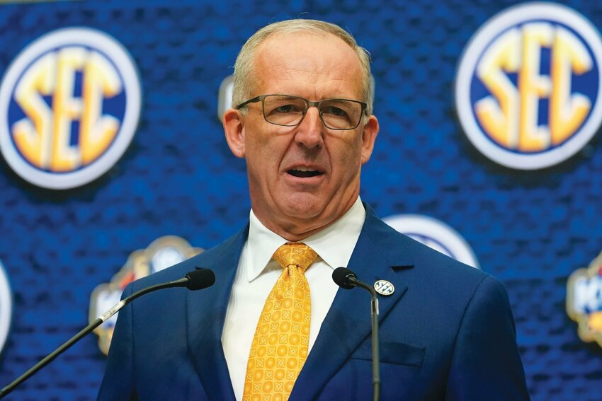 Southeastern Conference Commissioner Greg Sankey speaks during SEC Media Days, July 18, 2022, in Atlanta.