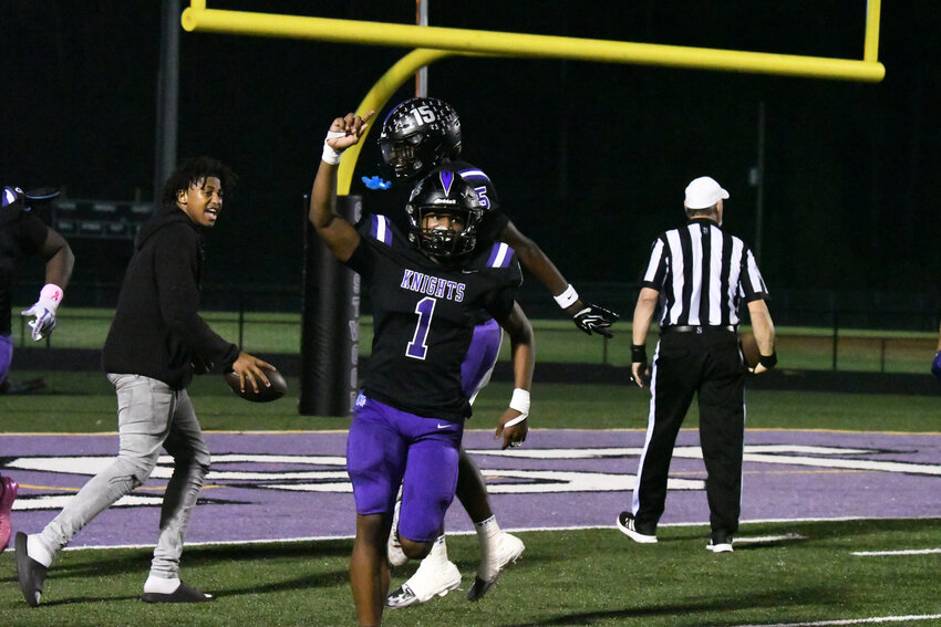 Crestwood's Que'Zhon McMillan (1) celebrates after returning a fumble for a touchdown against Atlantic Collegiate on Friday.