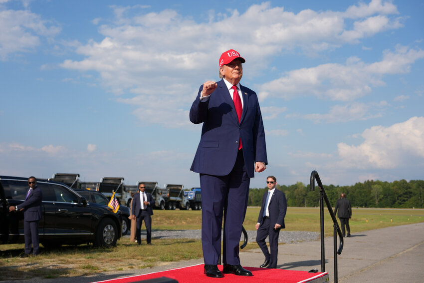 President Donald Trump arrives at a campaign rally at Dalton Municipal Airport, Friday, Oct. 16, 2026, in Dalton, Georgia.