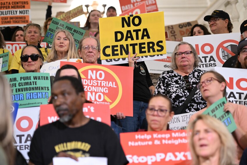 Anti-data center demonstrators protest at the Pennsylvania state Capitol, Oct. 6, 2026, in Harrisburg, Pennsylvania.