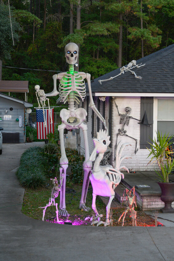 A giant skeleton is seen at the home of Kimberly Caples on Camden Highway in Sumter last week.